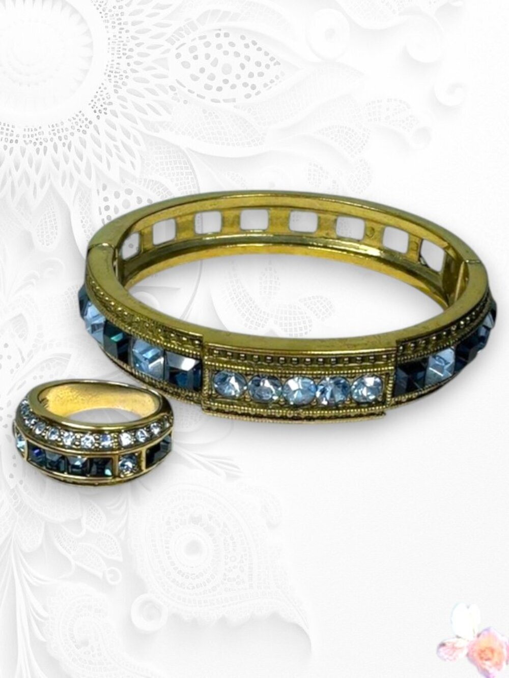Heidi Daus Crystal Bracelet and Ring Set Blue Clear Gold Tone